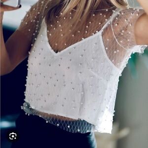 Mesh‎ Crop Top Shirt white with Pearls sheer women's small Fairy Y2K Beaded Rave